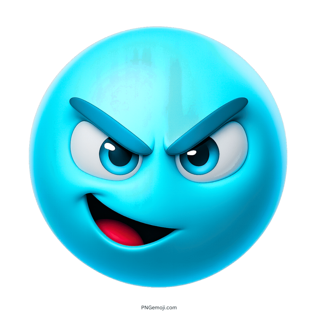 Light blue emoji face with evil smirk, mischievous eyes, and raised brows
