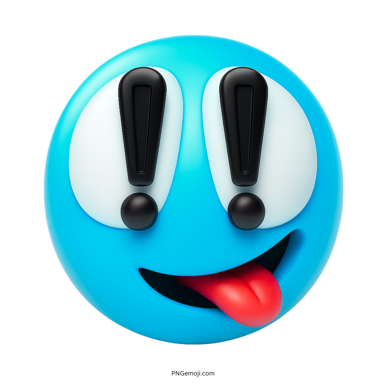 Light blue emoji with exclamation eyes and red tongue sticking out playfully