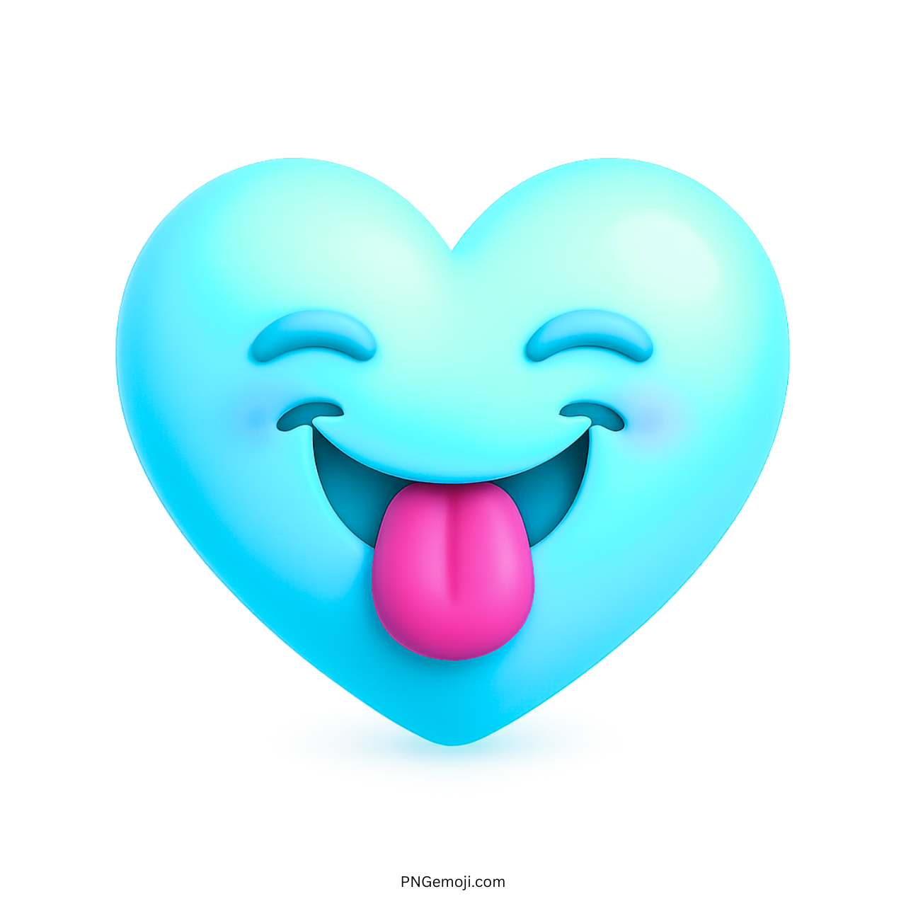 Playful light blue heart emoji with closed eyes and tongue out in 3D design