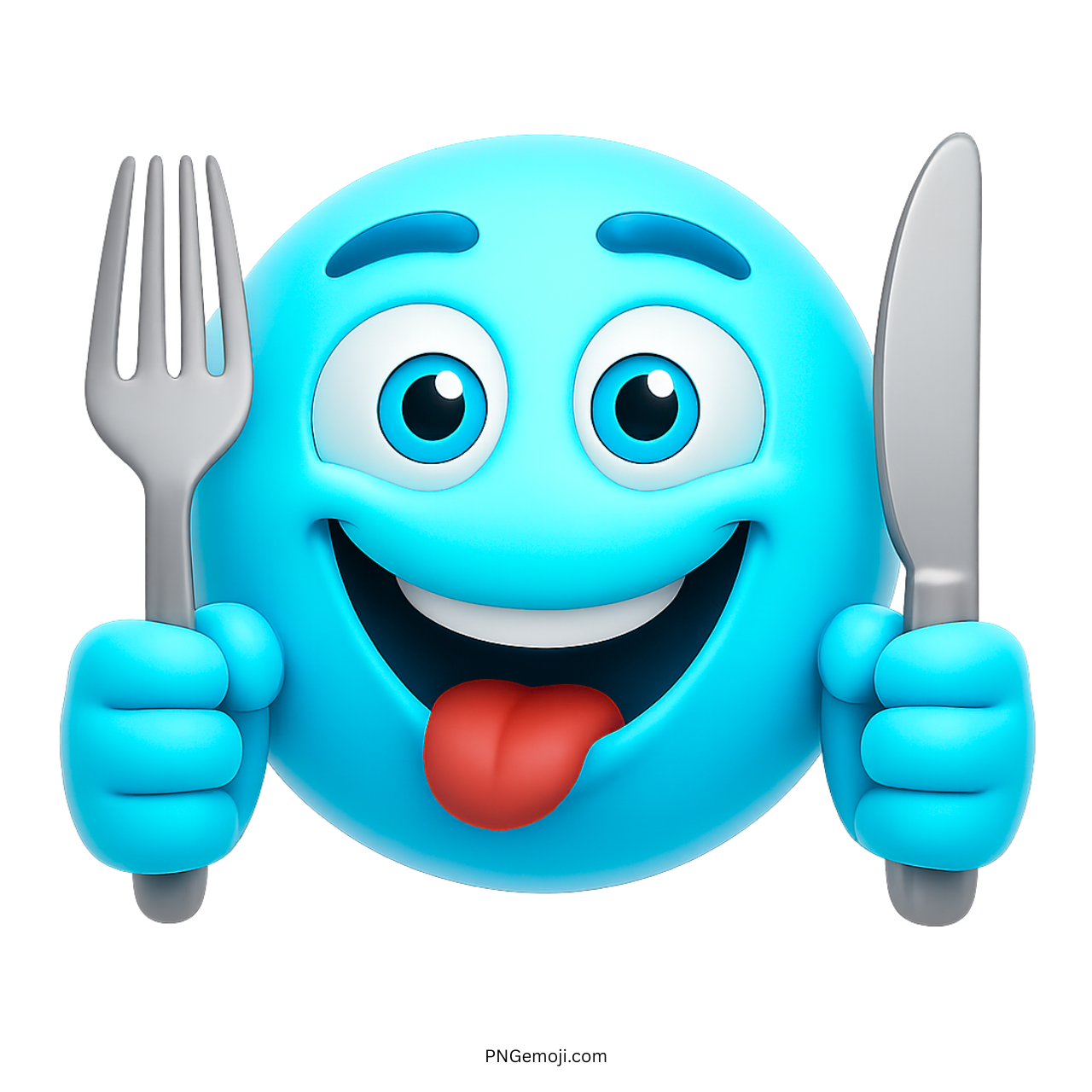 Light blue hungry emoji with fork and knife and tongue sticking out in excitement