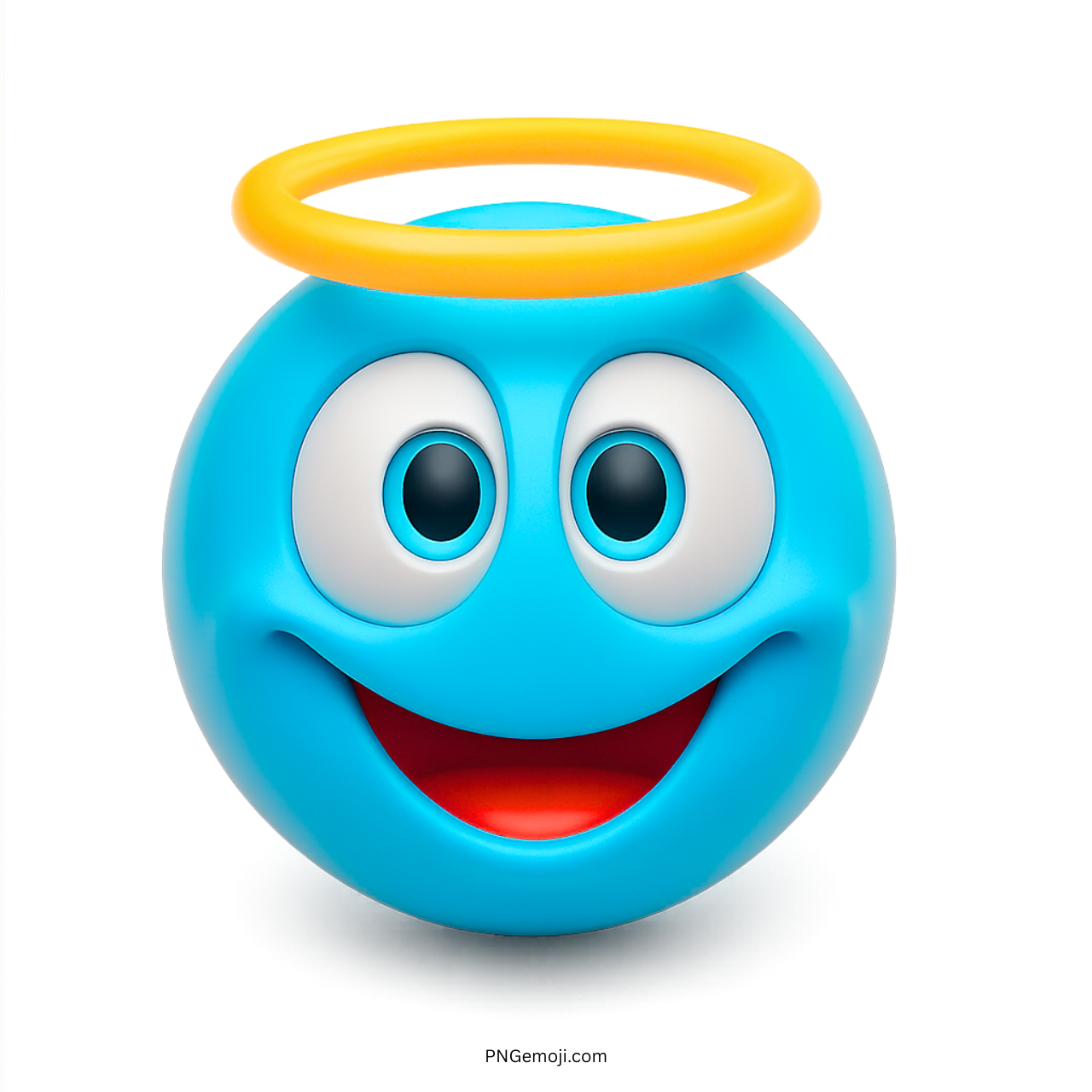 3D light blue innocent smiley emoji with yellow halo and cheerful face