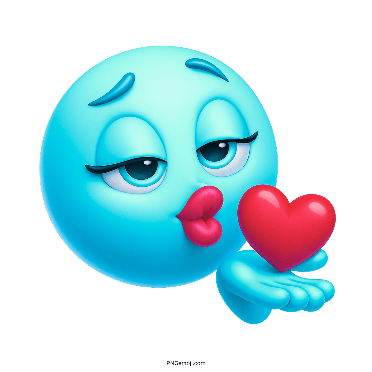 3D light blue emoji blowing kiss with heart, romantic and cute emoticon face