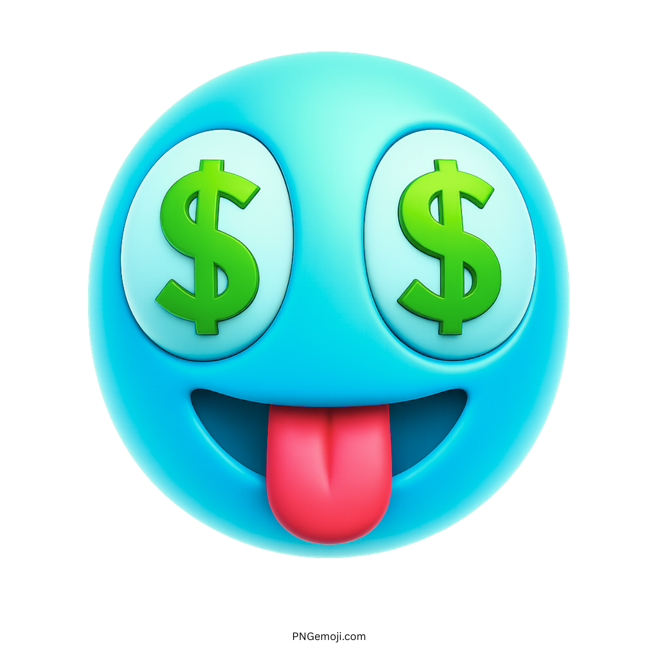 Light blue emoji with green dollar sign eyes and tongue sticking out