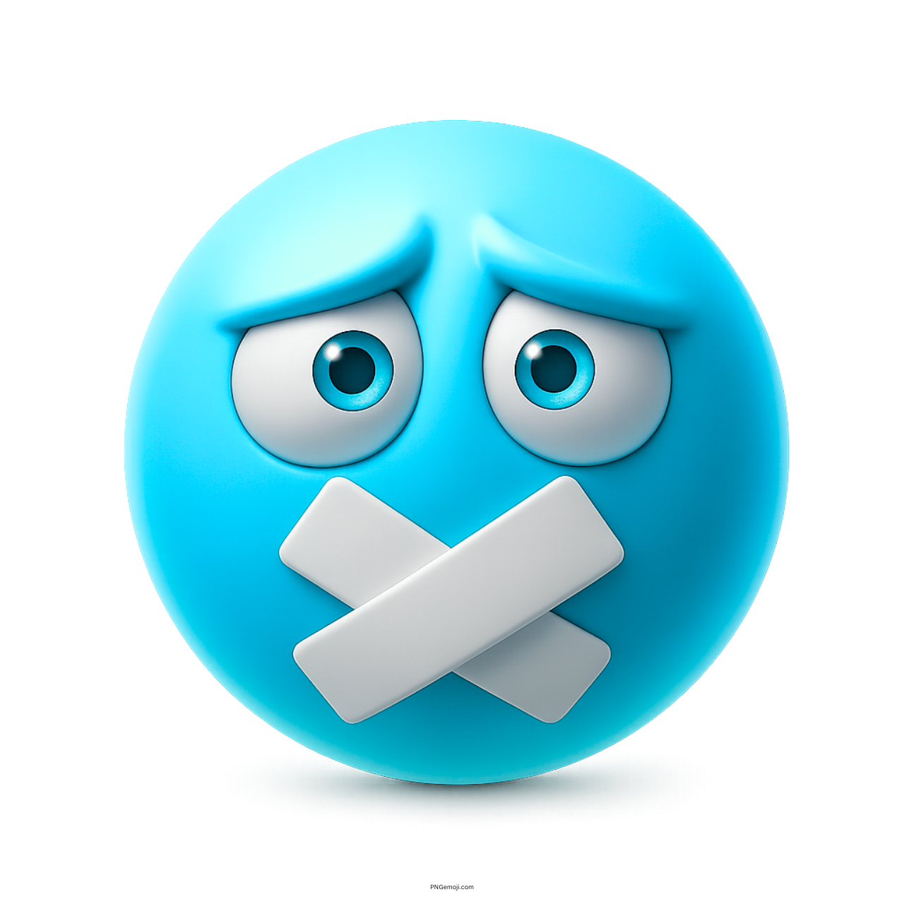 Light blue muted emoji with taped mouth and anxious worried eye expression