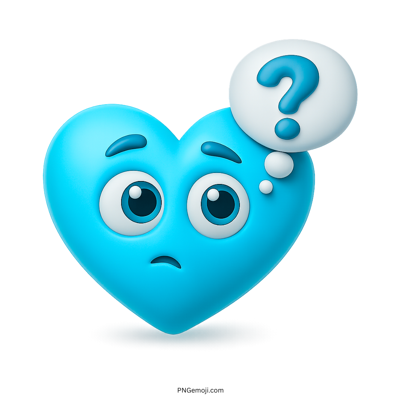 Light blue heart emoji with big eyes and question mark in thought bubble.