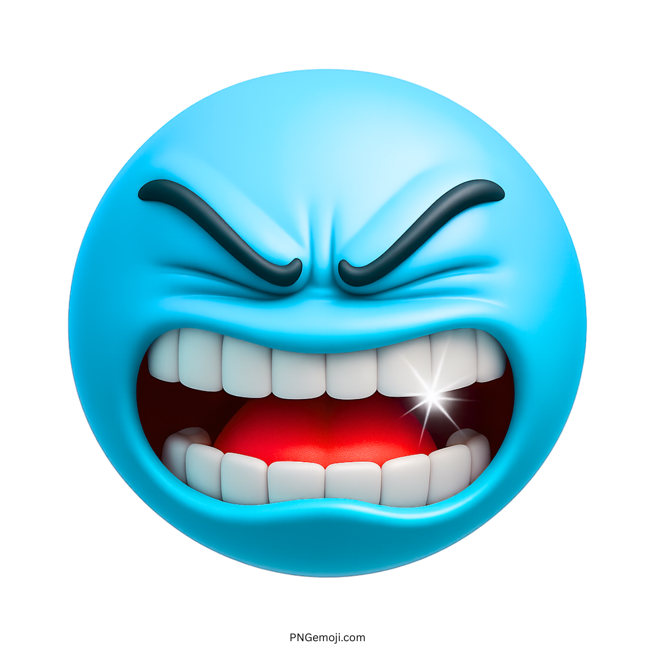 Light blue 3D angry emoji with clenched teeth, glowing sparkle, and furious expression