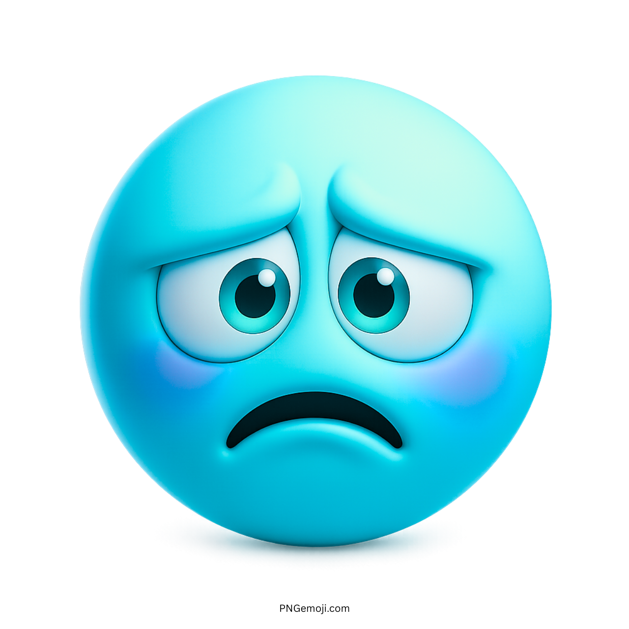 3D light blue frowning emoji with teary eyes and deeply sad facial expression