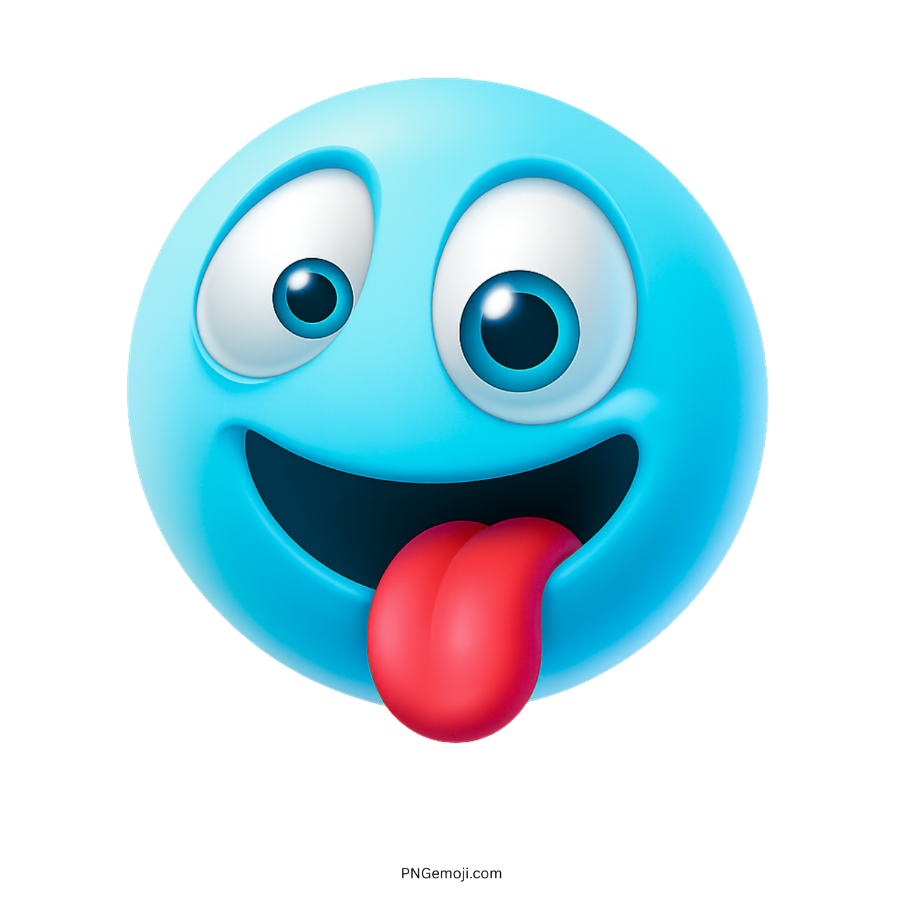 Light blue silly emoji with playful face, big eyes, and tongue sticking out