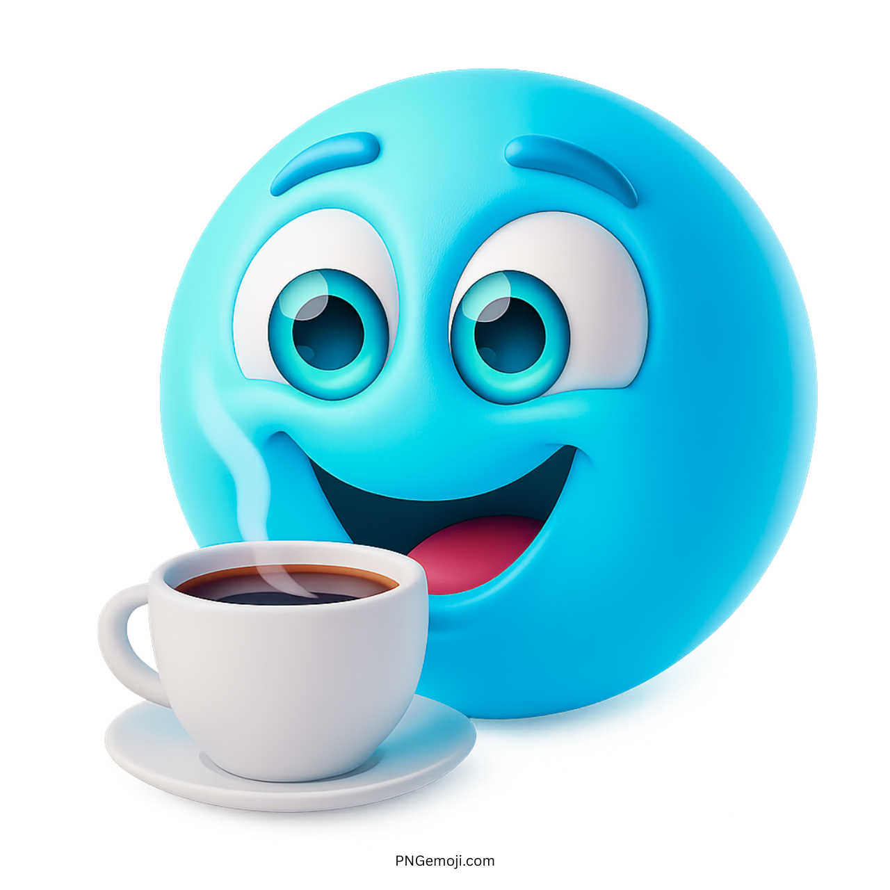 Joyful light blue emoji smiling beside hot coffee in white ceramic cup