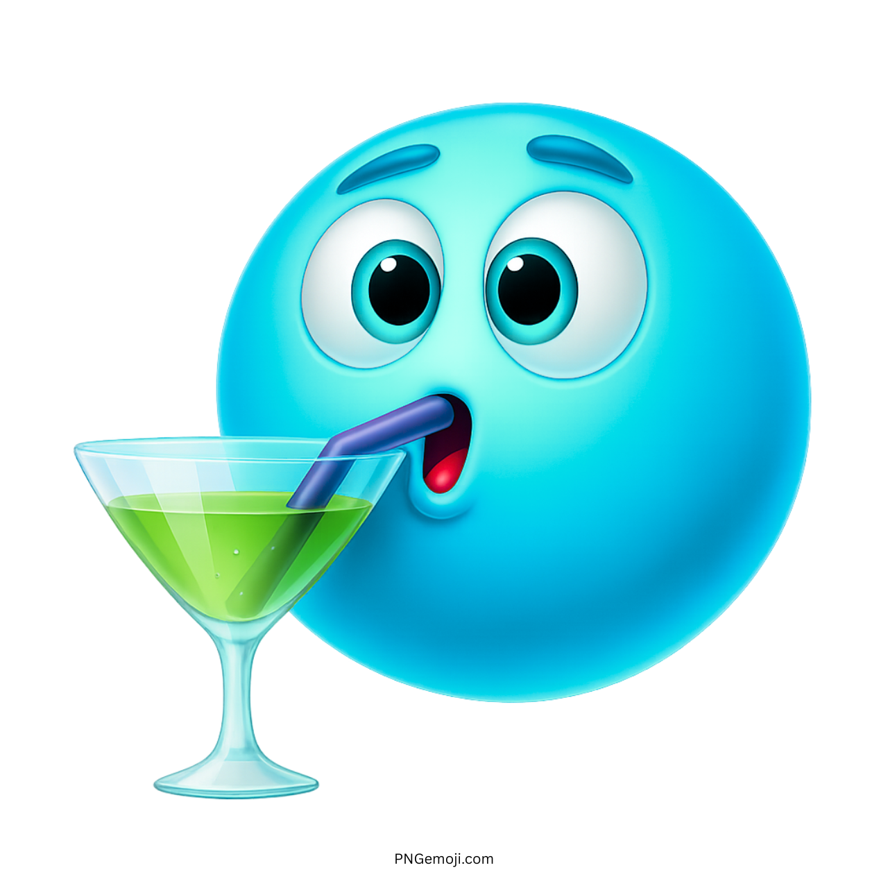 Light blue emoji drinking green martini cocktail through purple straw from glass icon