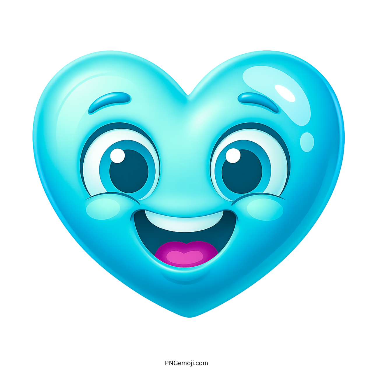 Light blue smiling heart emoji with cheerful eyes and playful happy cartoon face
