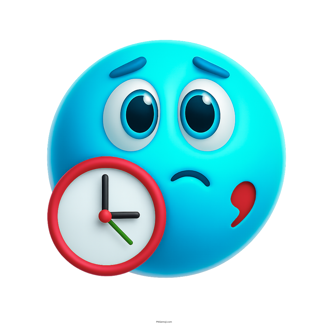 3D light blue waiting emoji with clock and worried face showing time tension