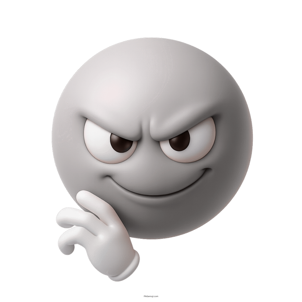 3D light gray emoji with sly smirk and devious facial expression