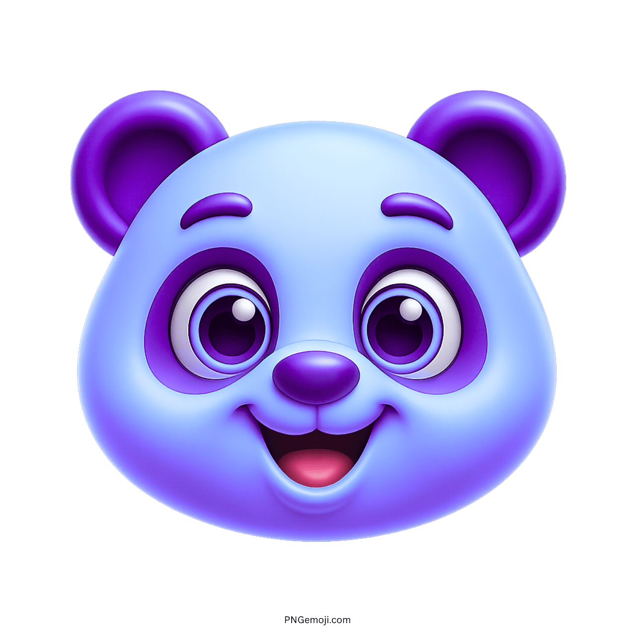 Cute light purple panda face emoji with big purple eyes, cartoon style, smiling happily, purple ears, vibrant colors, cheerful expression.