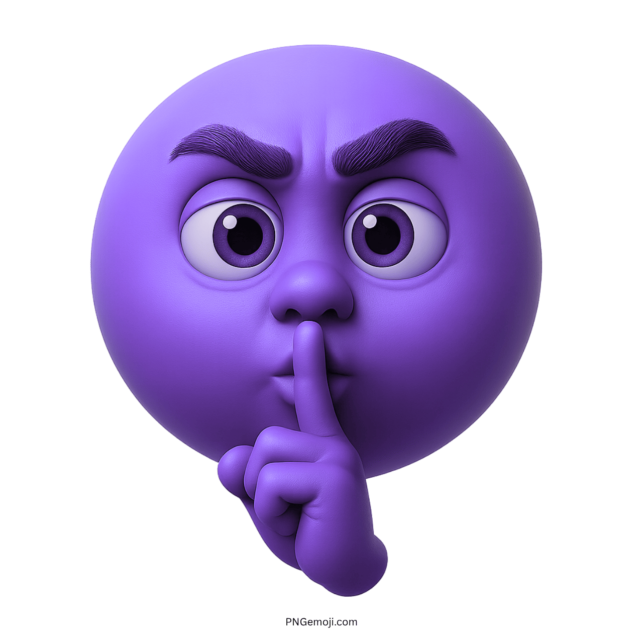 3D light purple emoji face with shushing gesture and finger over lips silently