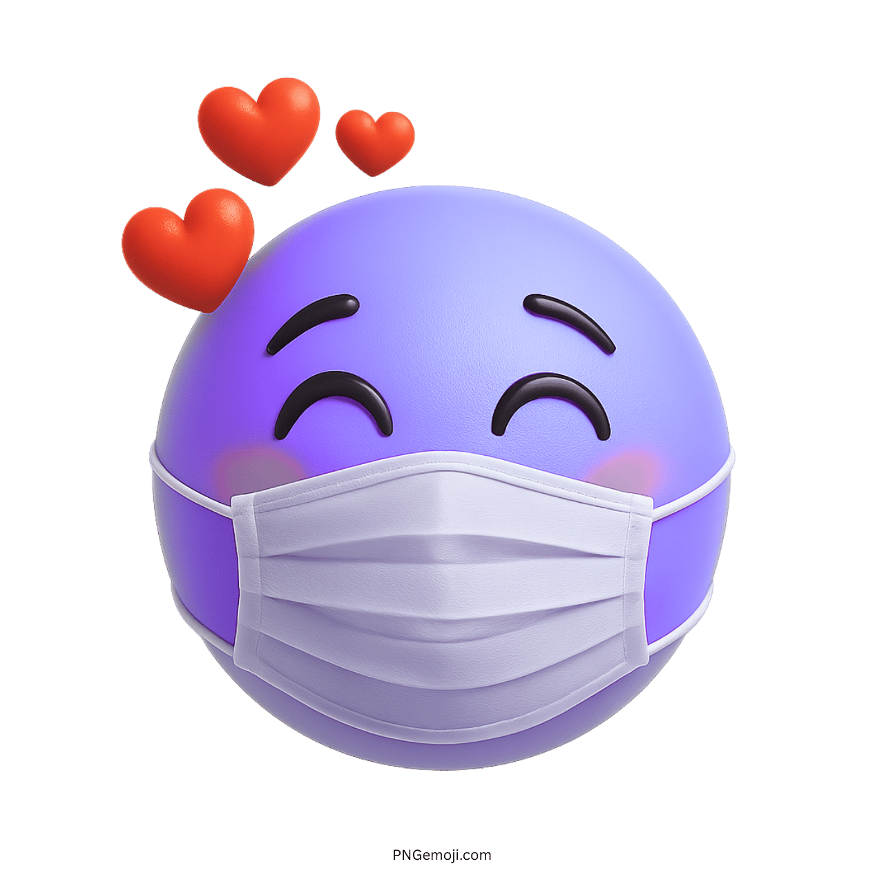 Light purple 3D emoji with white mask and floating red love hearts above head