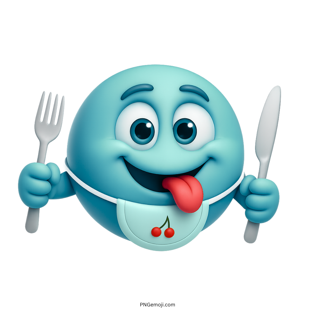 Light teal emoji smiling with fork, knife, tongue out, and cherry bib
