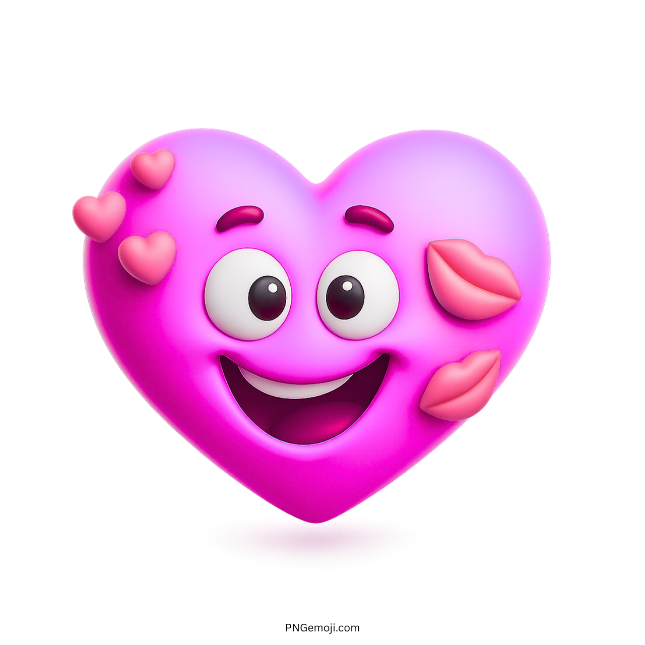 3D heart emoji with lip prints and a smiling face in pink color.