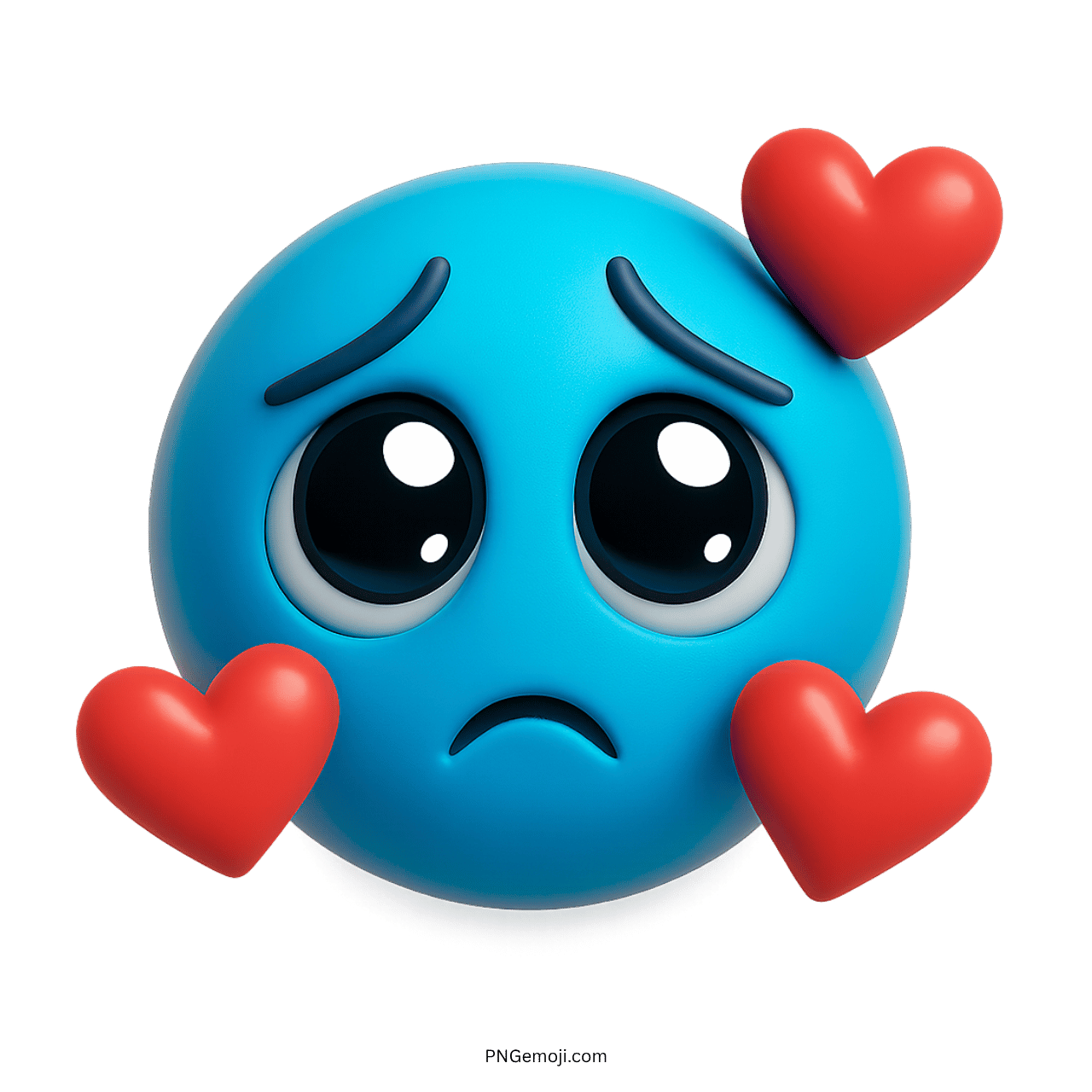  Sad blue emoji with big eyes and floating hearts, representing emotional longing and affection.