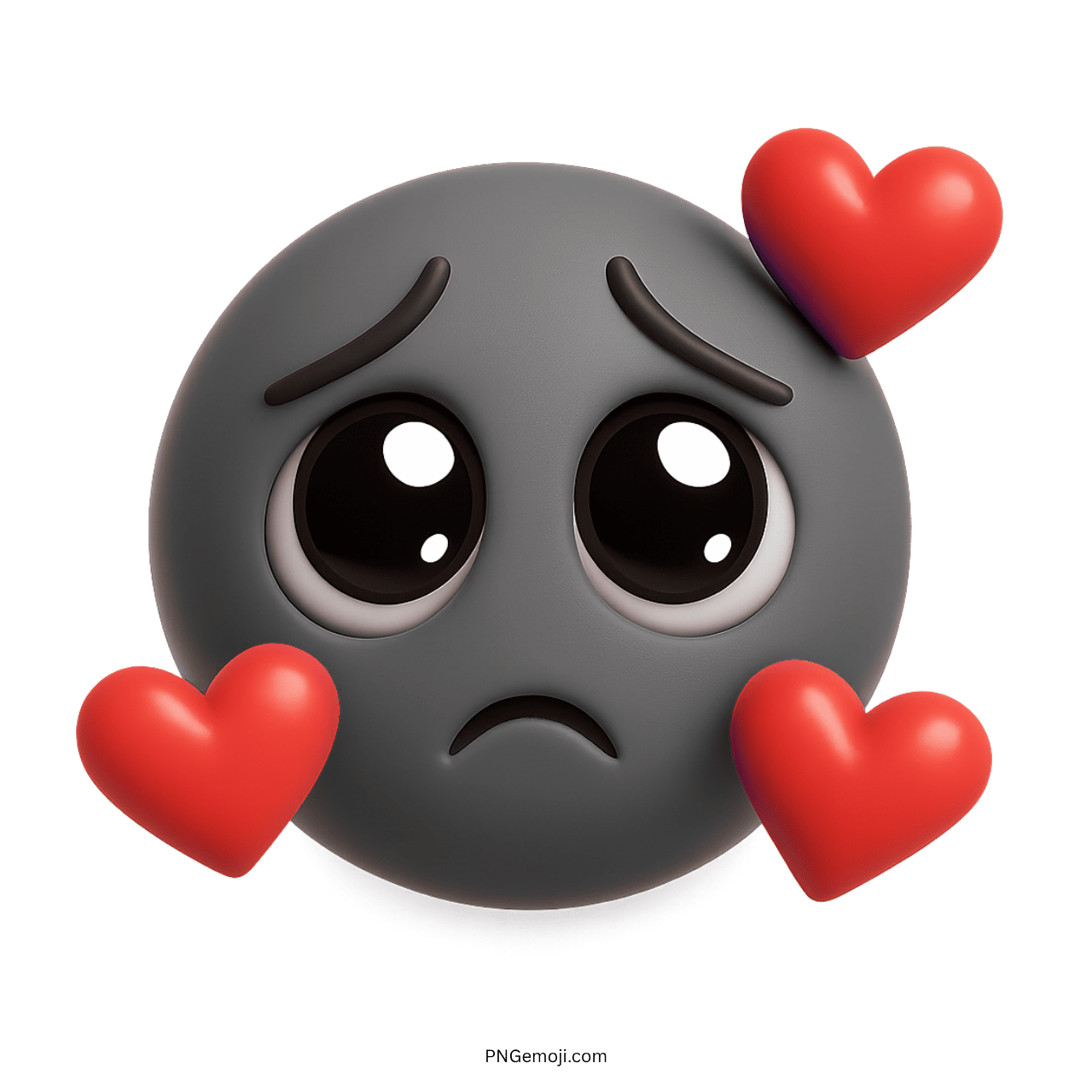 Love sad emoji with big eyes and red hearts, symbolizing sadness and affection in a grey tone.