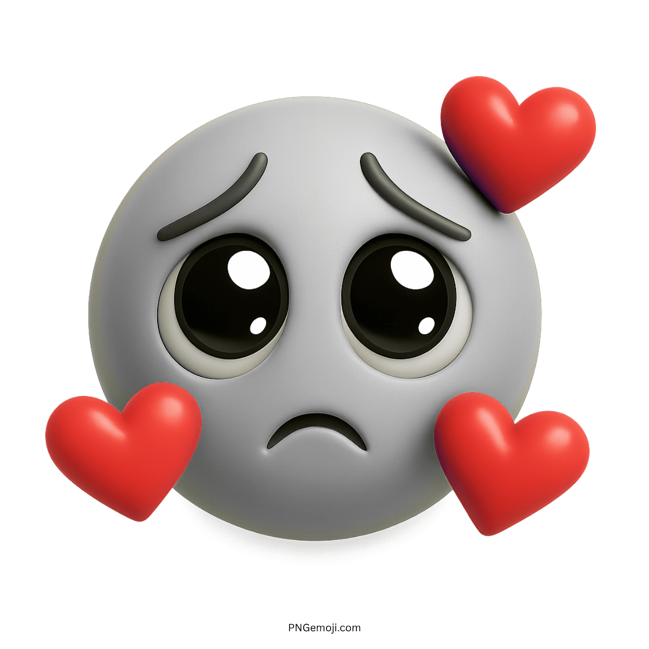 Sad emoji with big puppy eyes and floating hearts symbolizing love and sorrow.