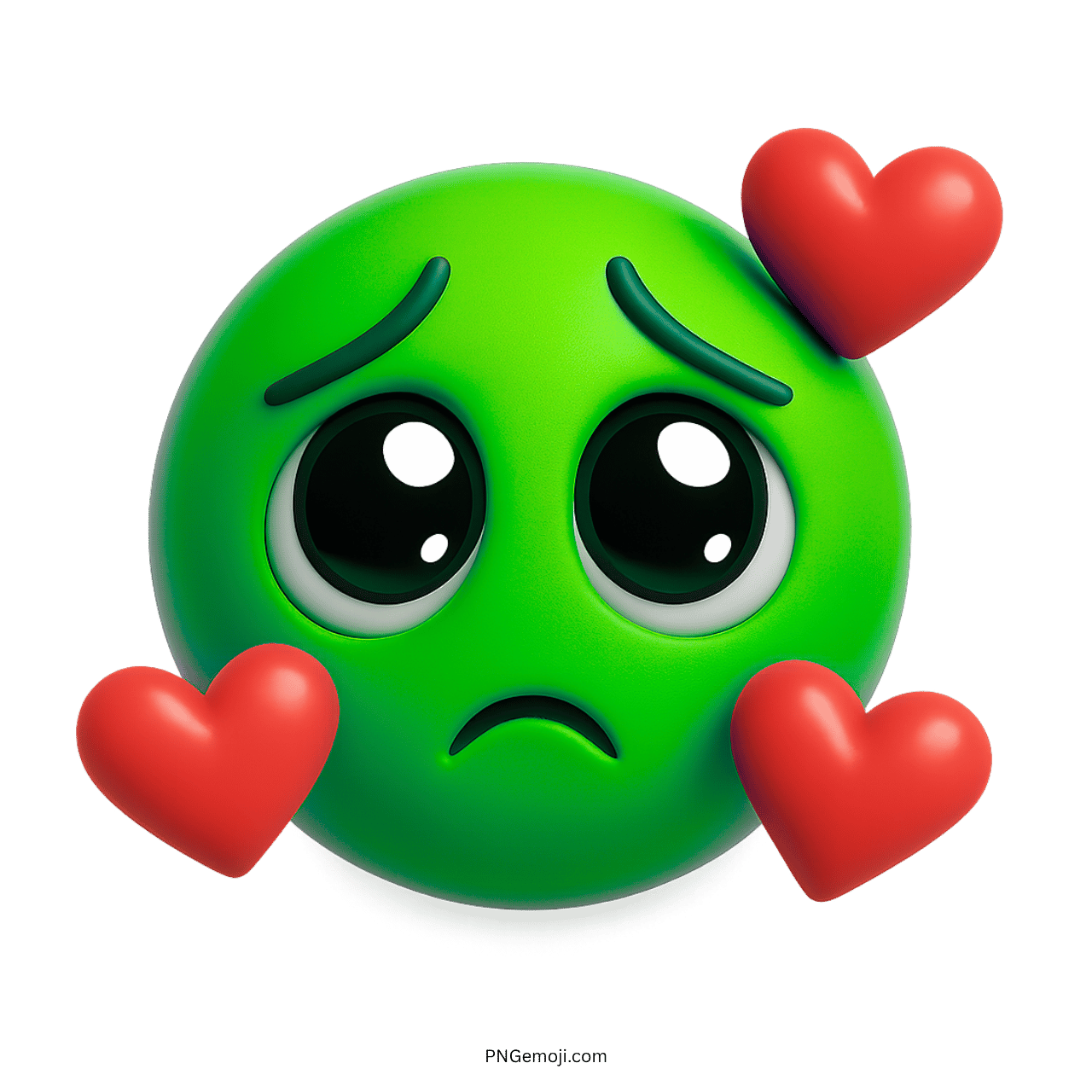 Sad green emoji with large eyes and floating hearts, representing love and sorrow.