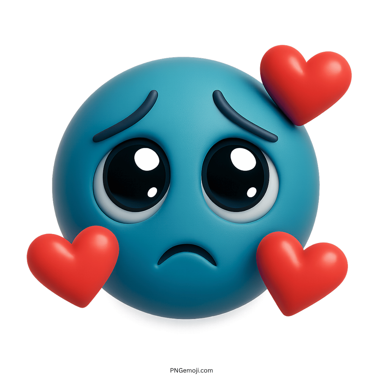 Sad light blue emoji with large eyes and floating hearts, representing emotional love and sadness.