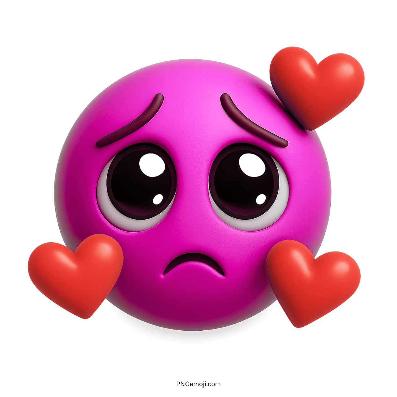Sad pink emoji with large eyes and floating hearts, symbolizing emotional affection and sorrow.