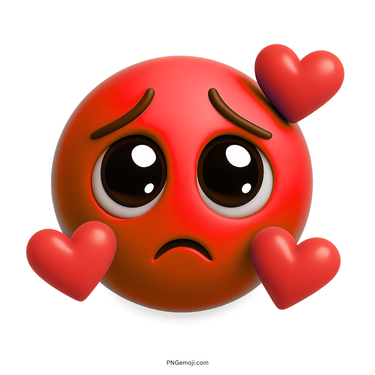 Sad red emoji with large eyes and floating hearts, symbolizing love and emotional vulnerability.