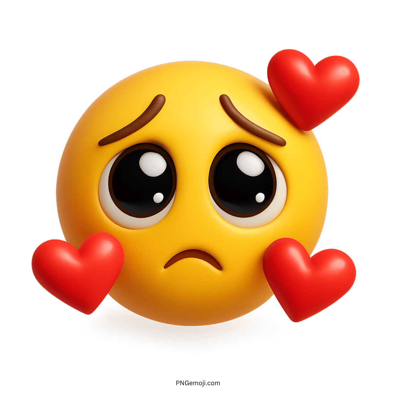 Sad yellow emoji with large eyes and floating hearts, symbolizing love and sadness.