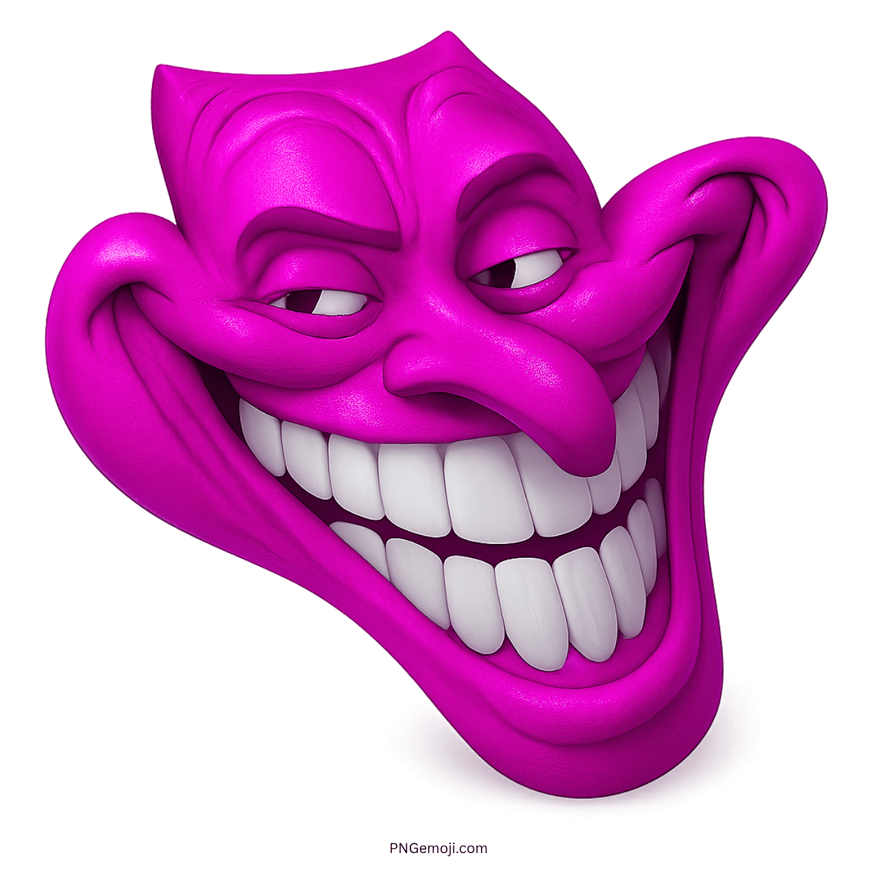 Magenta 3D troll face emoji with smug grin and mischievous cartoon expression