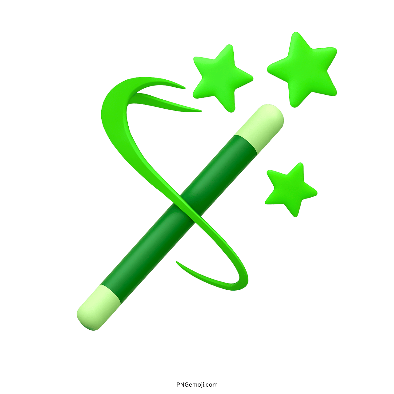 Green magic wand emoji with sparkling stars on transparent background.