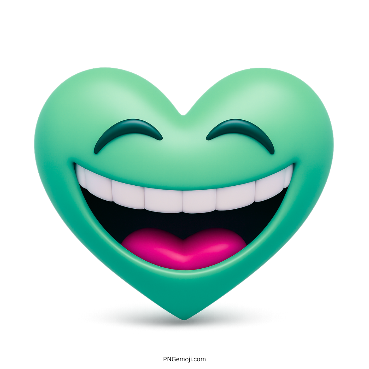 Mint green heart emoji with big smile and closed eyes in 3D cartoon style
