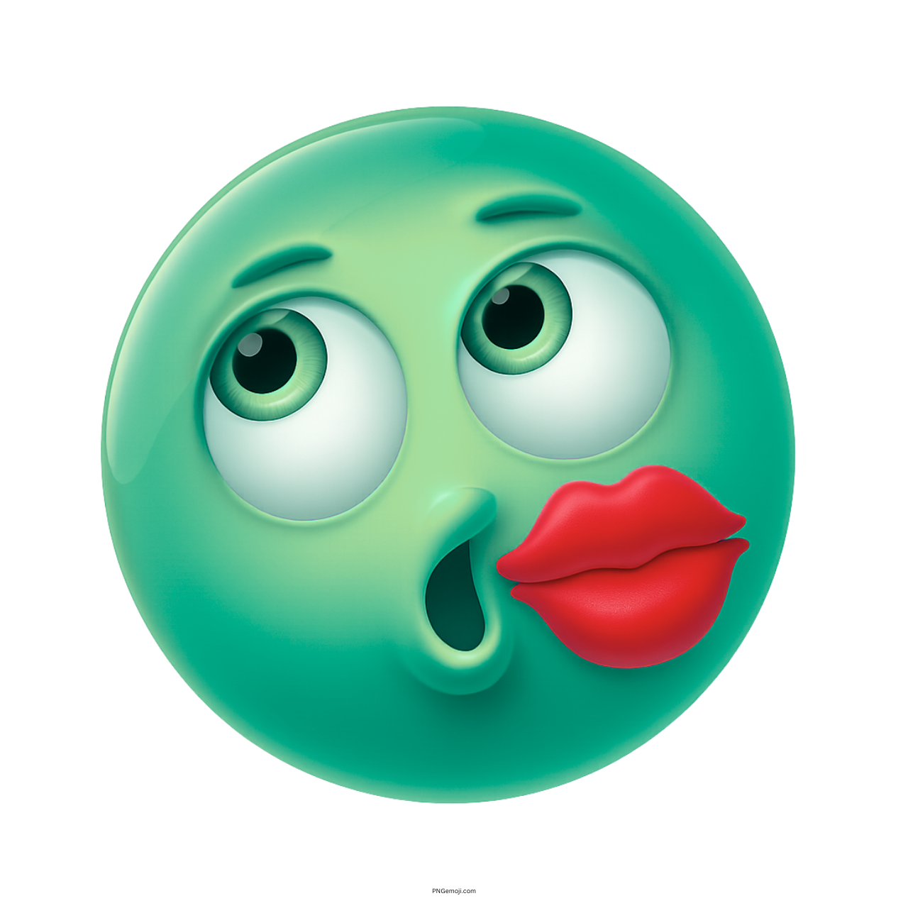 Mint green 3D emoji with surprised face and red kiss mark on cheek