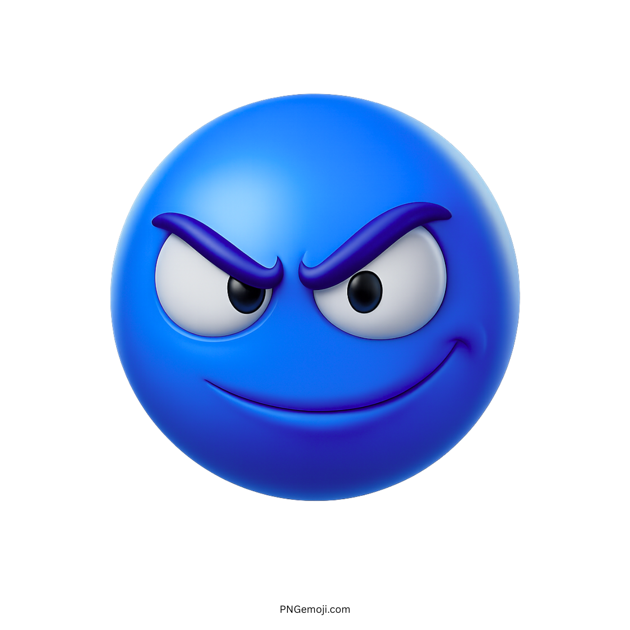 Blue emoji with sly smirk, raised brows, and mischievous confident expression on face.
