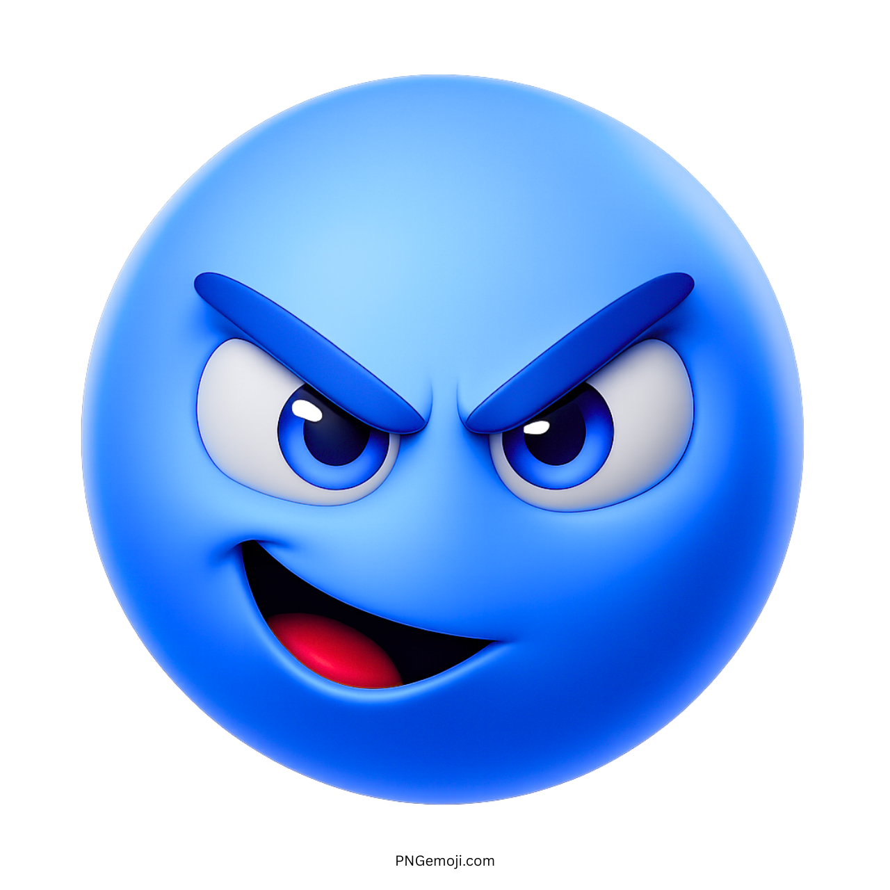 Mischievous blue emoji with raised eyebrows and sly smirk 3D expression