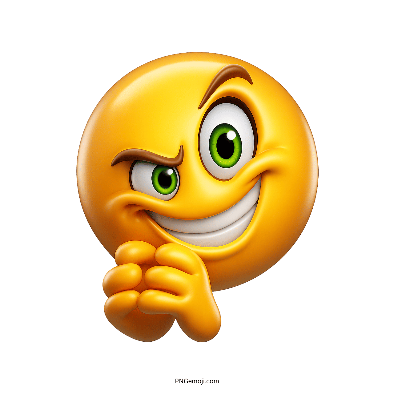 Mischievous yellow emoji with green eyes and a playful grin.