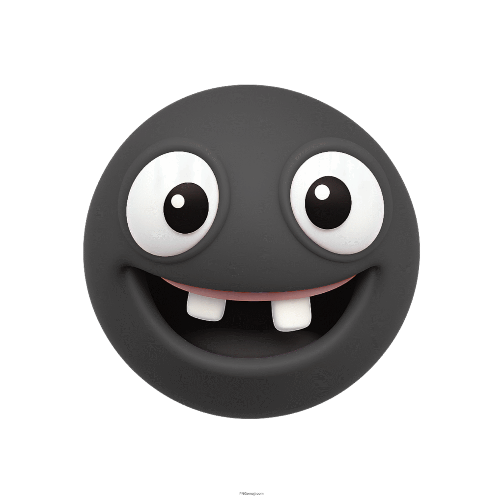 3D silly black emoji with missing teeth and large cartoon eyes on transparent background