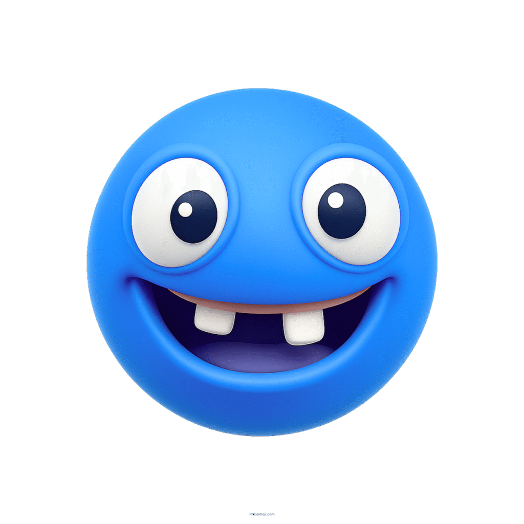 3D silly blue emoji with missing teeth and big cartoon eyes on transparent background