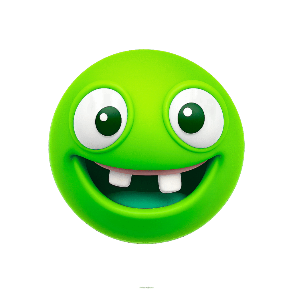 3D green silly emoji with missing teeth, big cartoon eyes, and wide smile