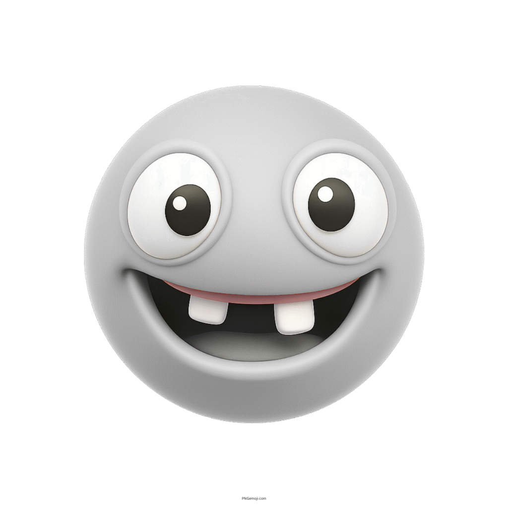 3D silly grey emoji with missing teeth, cartoon-style big eyes and wide smile