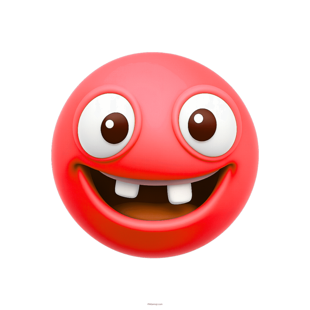 3D red silly emoji with missing teeth, big expressive eyes, and joyful smile