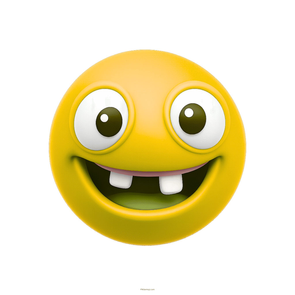 3D yellow silly emoji with missing teeth and wide cartoon smile on transparent background