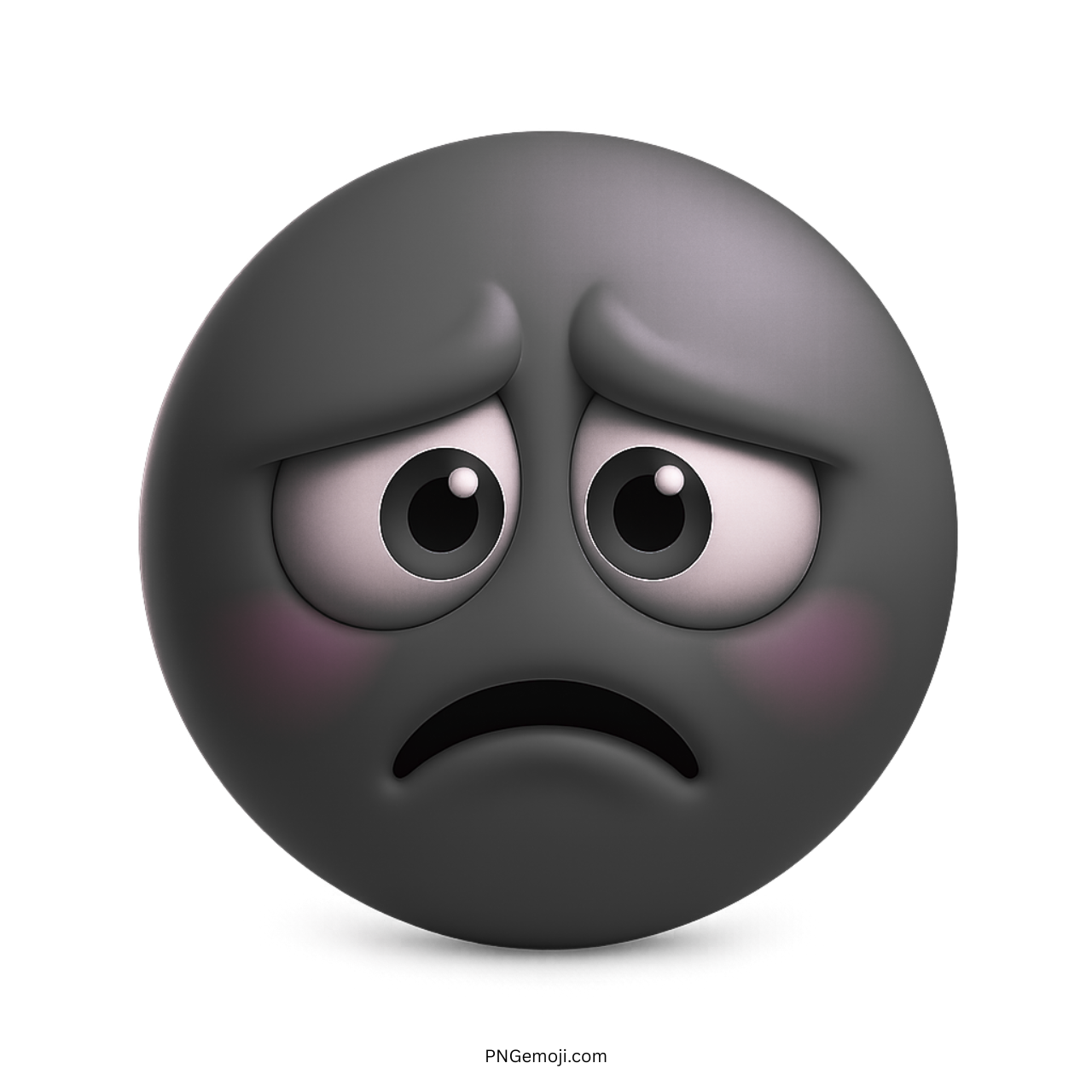 Monochrome 3D frown smiley emoji with sad eyes and downturned mouth expression