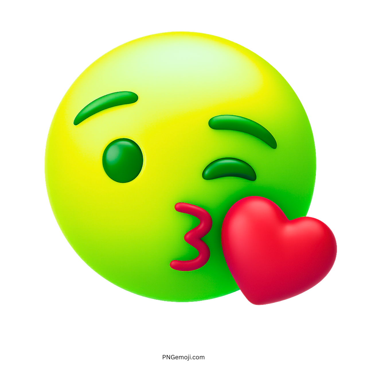 Neon green emoji blowing kiss with red heart in 3D style