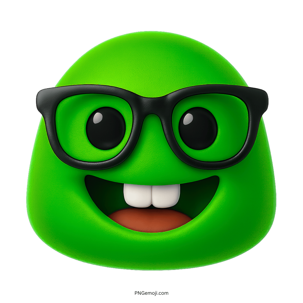 green nerd face emoji with glasses smiling and showing big front teeth