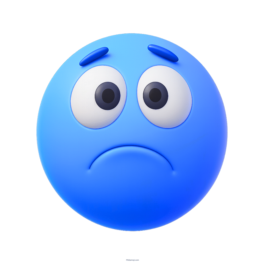3D sad blue emoji face showing worried eyes and unhappy curved mouth expression
