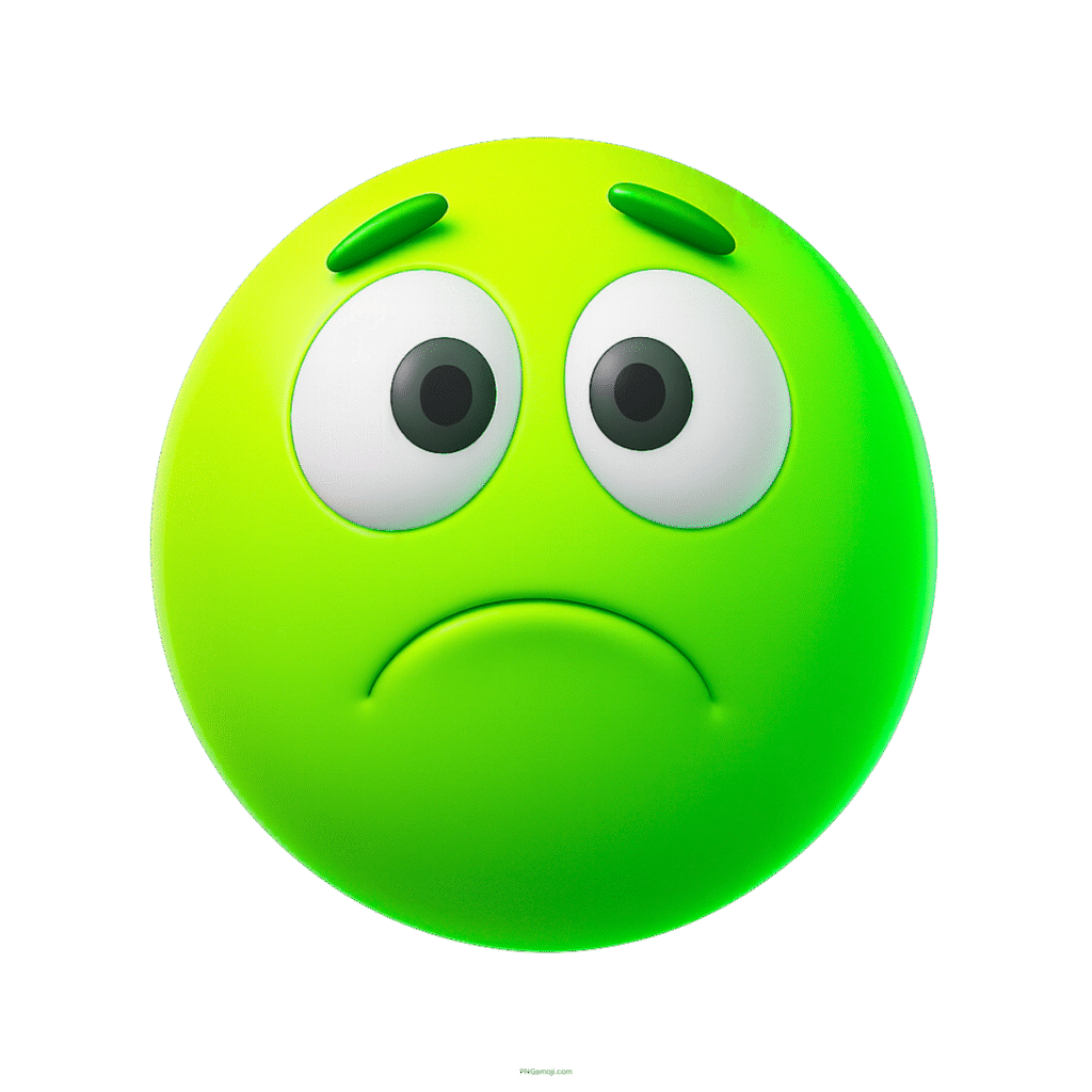 3D green sad emoji with anxious eyes and frown expressing worry or unease