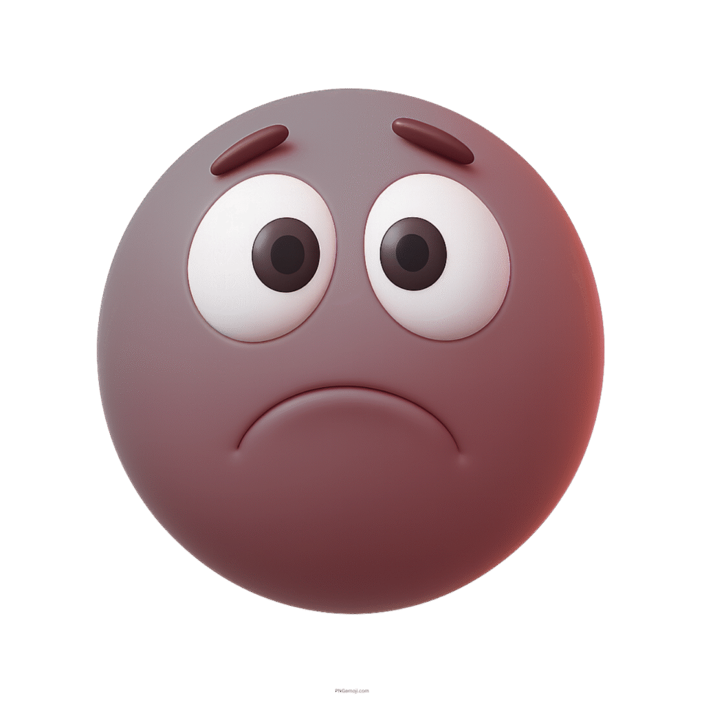 3D maroon sad face emoji showing unhappy expression with worried eyes and frown