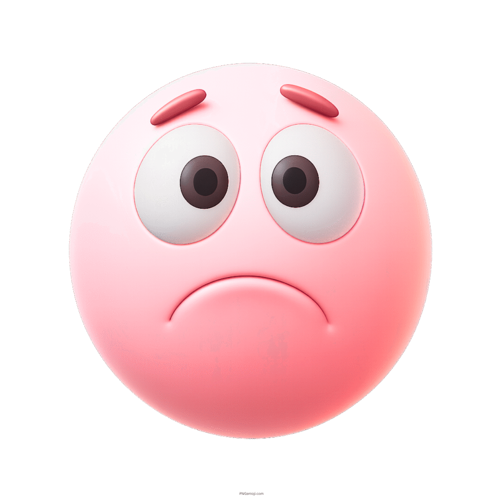 3D pink sad face emoji with worried eyes, curved frown, and disappointed expression